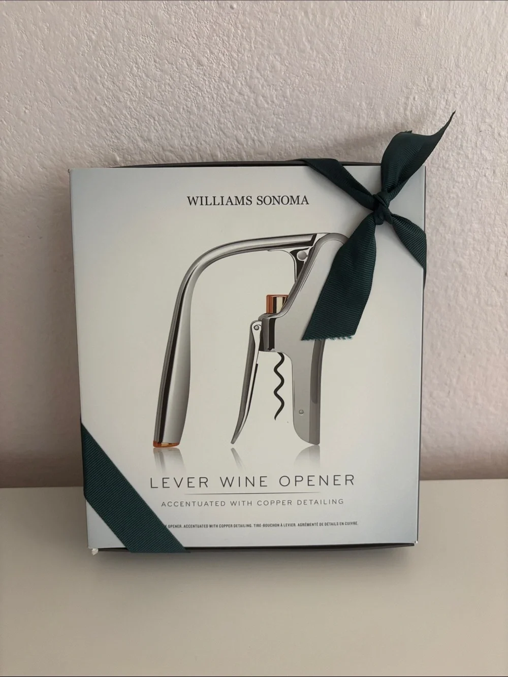 Williams Sonoma Lever Wine Opener - Silver with Copper Accents and Green Ribbon